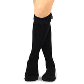 Black Ruffle Lace Top Cotton Knee High Socks